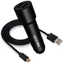АЗУ WALKER 2в1 WCR-22, 2.4А, 12Вт, USBx2, + кабель Lightning, длинный корпус, черное																