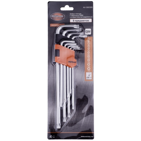 Набор ключей Г-образных TORX экстрадлинных с отверстием TH10-TH50 "AV Steel" 9 предм. AV-369309 фото 1