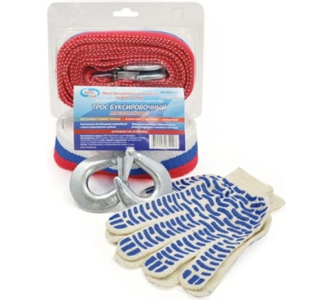 Трос буксировочный 5 т*5 м - лента 2 крюка +перчатки (блистер) AUTOVIRAZH AV-600050 фото 1