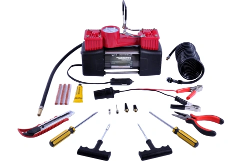 Компрессор двухцил. 85 л/мин в кейсе с набором для рем. колес, пневм. шланг AUTOVIRAZH AV-010890 фото 3