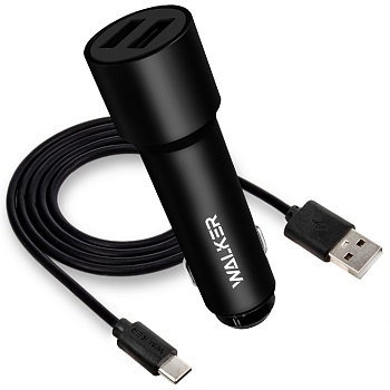 АЗУ WALKER 2в1 WCR-22, 2.4А, 12Вт, USBx2, + кабель Type-C, длинный корпус, черное фото 1