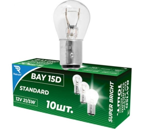 Лампа накал. P21W/5 12V 21/5W BAY15D Rekzit Standart (10шт/уп,)90402(больш.цок. двухконт.) фото 1