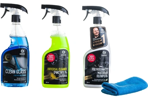 Набор автокосметики GRASS 800627 (Clean glass, Universal сleaner, Polyrole Matte, микрофиб) фото 2