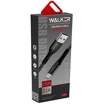 Кабель USB "WALKER" C920, 3.1А, Type-C, поддержка QC, индикатор, нейлон, черный												 фото 1