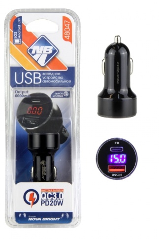 Зарядное устройство "Nova Bright" ,USB-порт+Type-C, QC3.0 (быстрая зарядка), 6000мА,вольтметр, 48047 фото 1