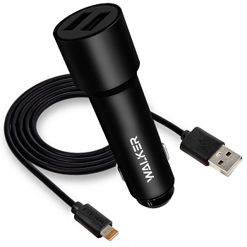 АЗУ WALKER 2в1 WCR-22, 2.4А, 12Вт, USBx2, + кабель Lightning, длинный корпус, черное																 фото 1