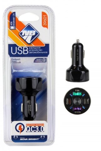 Зарядное устройство "Nova Bright" 2 USB+Type-C, QC3.0 (быстрая зарядка), 3100мА, LED индикатор 39601 фото 1