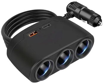 Разветвитель прикуривателя WALKER WSC-21, 80Вт, 3 разъема + 1 USB (2.1А) , 1 Type-C, c  индикатором фото 1