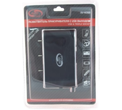 Разветвитель прикуривателя 3-ой +1 выход USB с выкл. на каждое гнездо"AUTOVIRAZH" AV-4088 фото 1