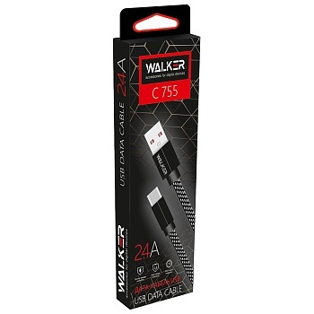 Кабель USB "WALKER" C755, 2.4А, Type-C, поддержка QC, плоский, нейлон, черный												 фото 1